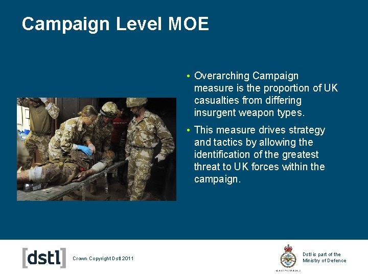 Campaign Level MOE • Overarching Campaign measure is the proportion of UK casualties from