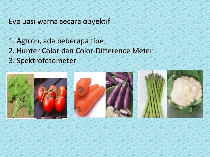 Evaluasi warna secara obyektif 1. Agtron, ada beberapa tipe 2. Hunter Color dan Color-Difference