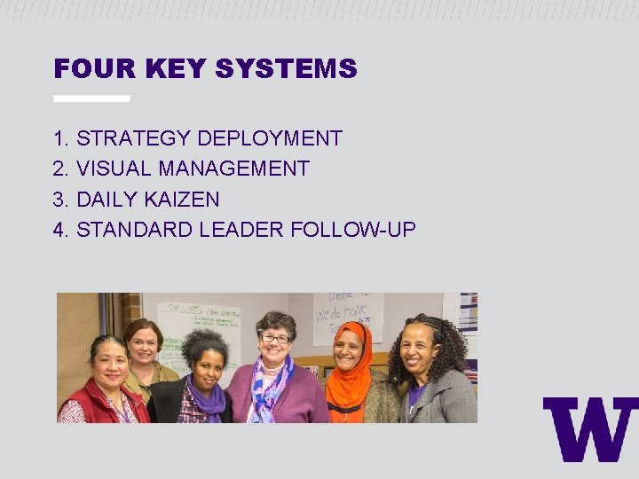 FOUR KEY SYSTEMS 1. STRATEGY DEPLOYMENT 2. VISUAL MANAGEMENT 3. DAILY KAIZEN 4. STANDARD