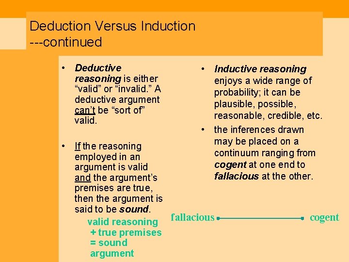 Deduction Versus Induction ---continued • Deductive reasoning is either “valid” or “invalid. ” A