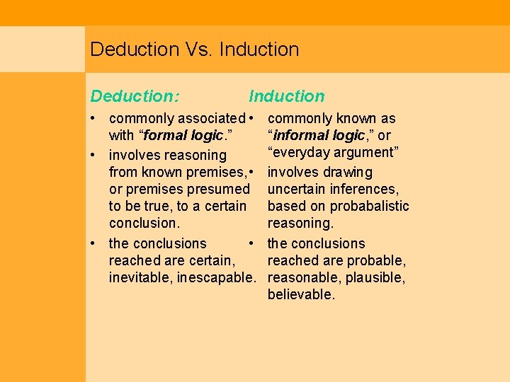 Deduction Vs. Induction Deduction: Induction • commonly associated • with “formal logic. ” •