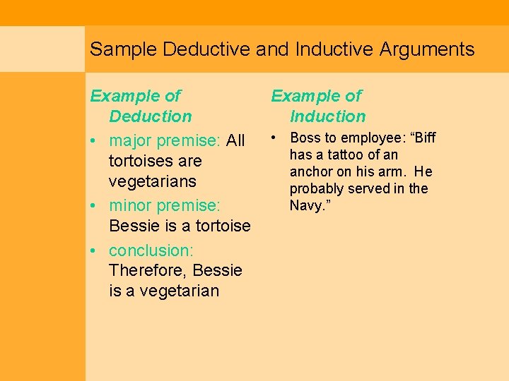 Sample Deductive and Inductive Arguments Example of Deduction • major premise: All tortoises are