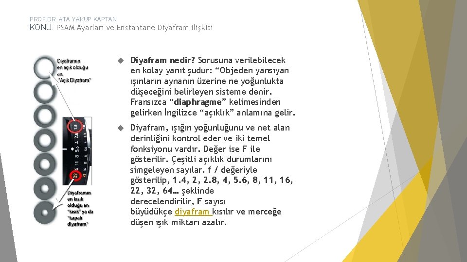 PROF. DR. ATA YAKUP KAPTAN KONU: PSAM Ayarları ve Enstantane Diyafram ilişkisi Diyafram nedir?