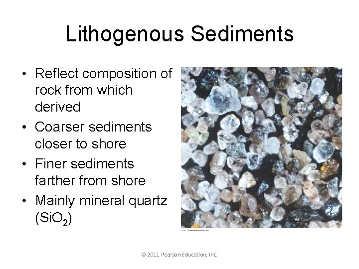 Lithogenous Sediments • Reflect composition of rock from which derived • Coarser sediments closer