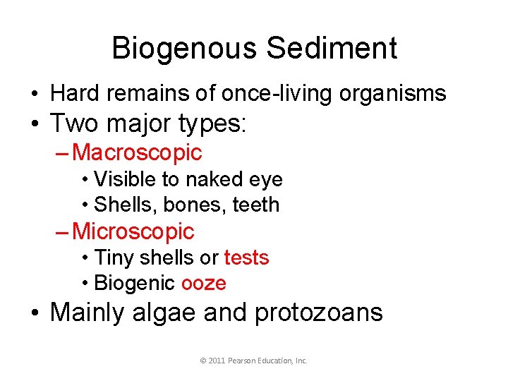 Biogenous Sediment • Hard remains of once-living organisms • Two major types: – Macroscopic