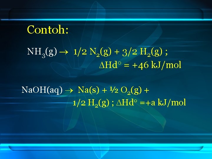 Contoh: NH 3(g) 1/2 N 2(g) + 3/2 H 2(g) ; Hd = +46