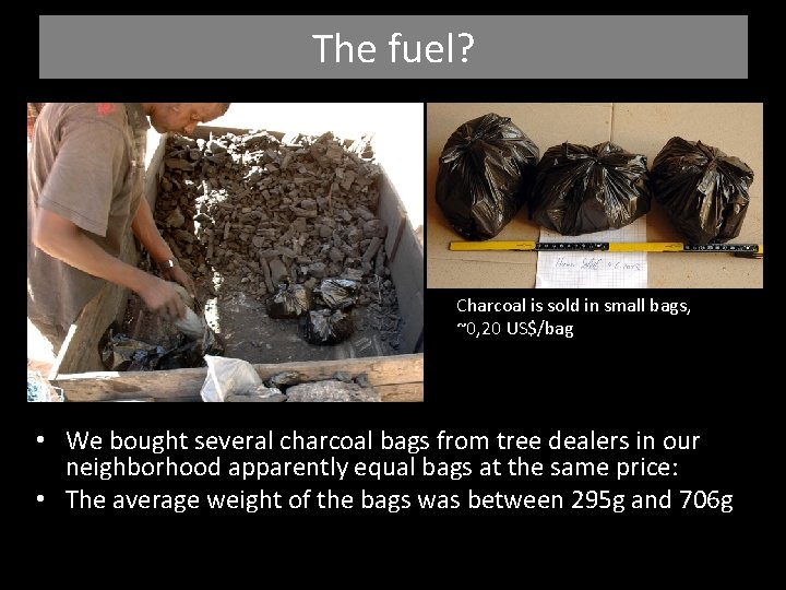 The fuel? Charcoal is sold in small bags, ~0, 20 US$/bag • We bought