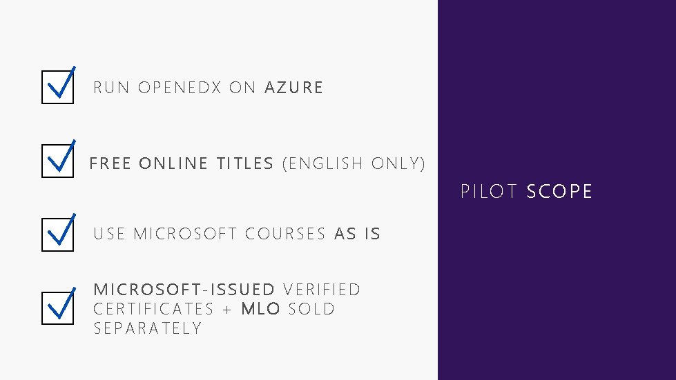 RUN OPENEDX ON AZURE FREE ONLINE TITLES (ENGLISH ONLY) PILOT SCOPE USE MICROSOFT COURSES