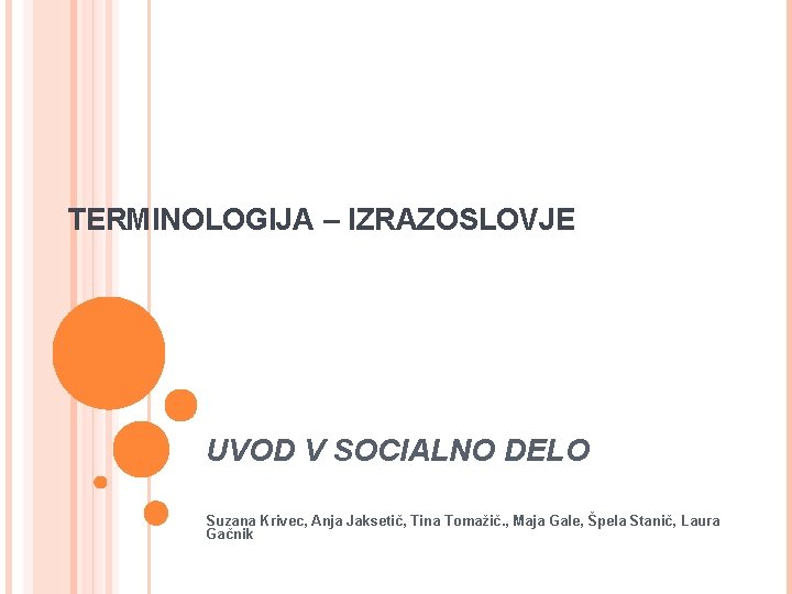 TERMINOLOGIJA – IZRAZOSLOVJE UVOD V SOCIALNO DELO Suzana Krivec, Anja Jaksetič, Tina Tomažič. ,