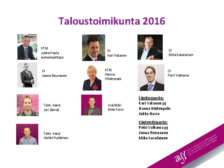 Taloustoimikunta 2016 KTM Jukka Havia puheenjohtaja DI Joona Reunanen Tekn. kand. Jori Jämsä Tekn.