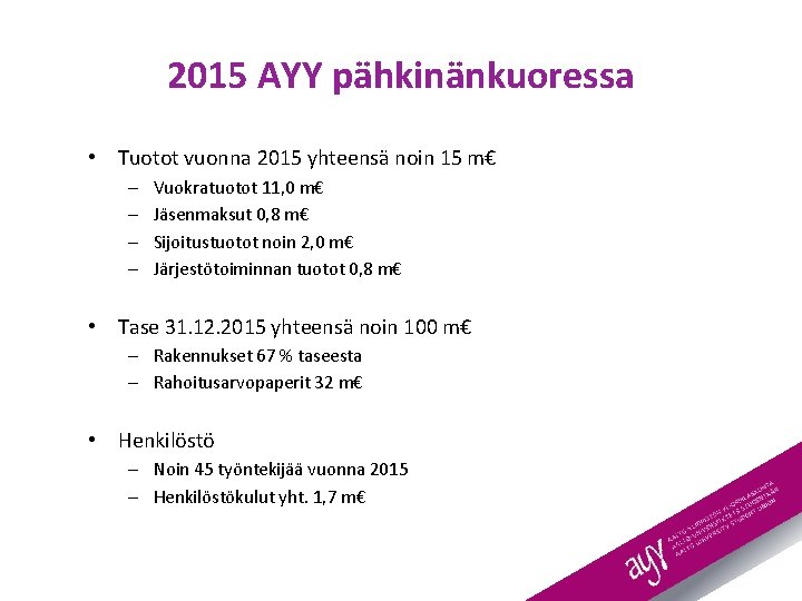 2015 AYY pähkinänkuoressa • Tuotot vuonna 2015 yhteensä noin 15 m€ – – Vuokratuotot