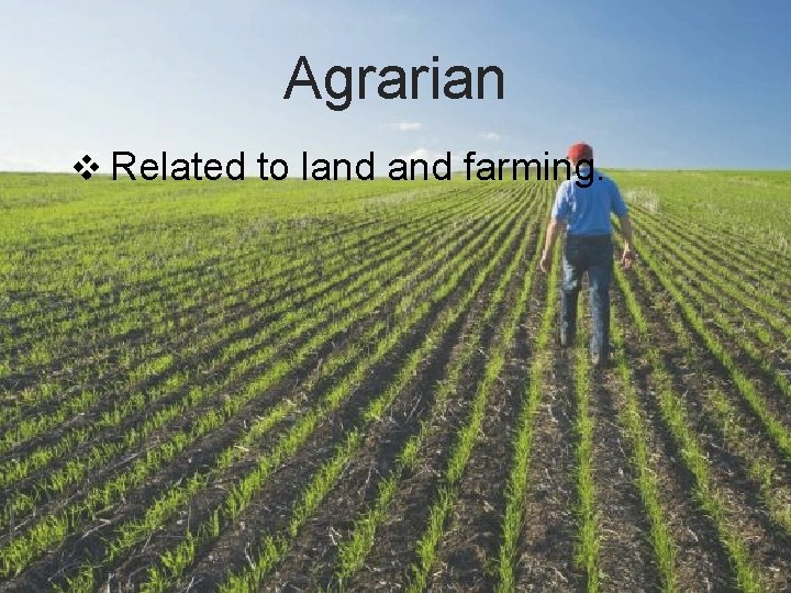 Agrarian v Related to land farming. 