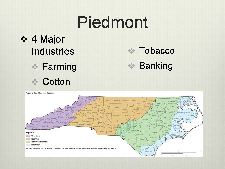 Piedmont v 4 Major Industries v Tobacco v Farming v Banking v Cotton 