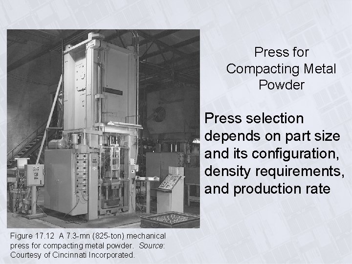 Press for Compacting Metal Powder Press selection depends on part size and its configuration,