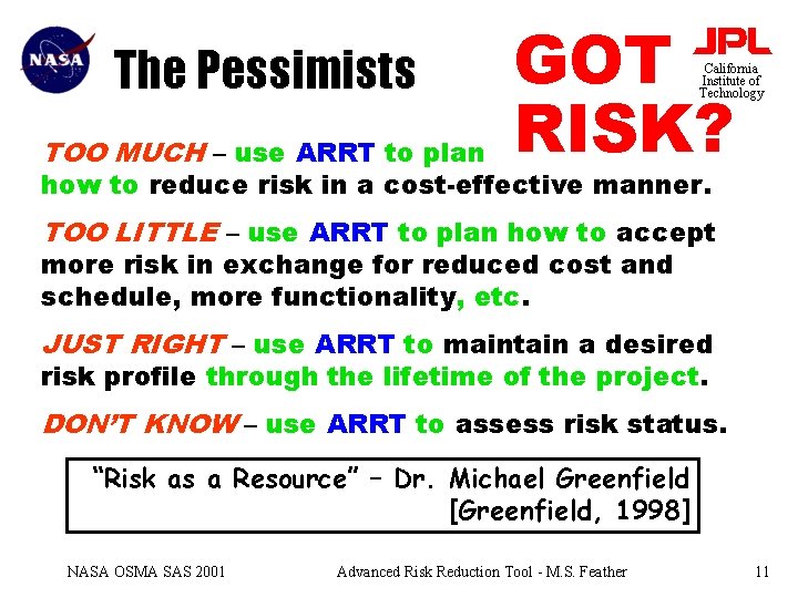 The Pessimists TOO MUCH – use ARRT to plan GOT RISK? California Institute of