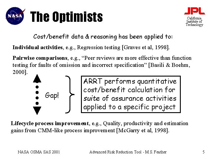 The Optimists California Institute of Technology Cost/benefit data & reasoning has been applied to: