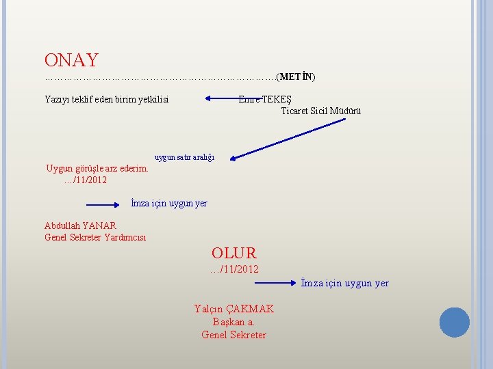 ONAY ………………………………. (METİN) Yazıyı teklif eden birim yetkilisi Emre TEKEŞ Ticaret Sicil Müdürü uygun