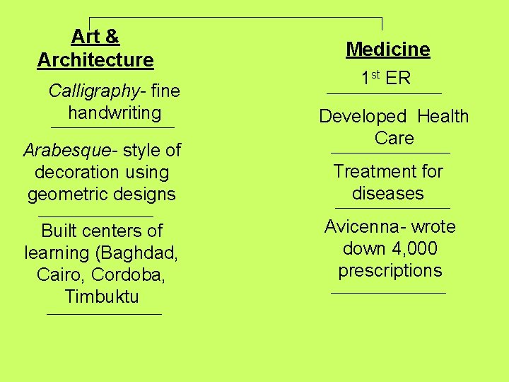 Art & Architecture Calligraphy- fine handwriting Arabesque- style of decoration using geometric designs Built