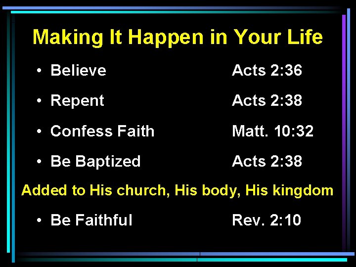Making It Happen in Your Life • Believe Acts 2: 36 • Repent Acts