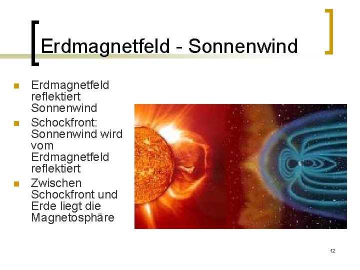 Erdmagnetfeld - Sonnenwind n n n Erdmagnetfeld reflektiert Sonnenwind Schockfront: Sonnenwind wird vom Erdmagnetfeld