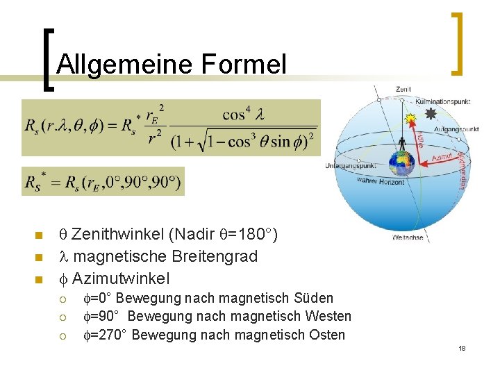 Allgemeine Formel n n n q Zenithwinkel (Nadir q=180°) l magnetische Breitengrad f Azimutwinkel