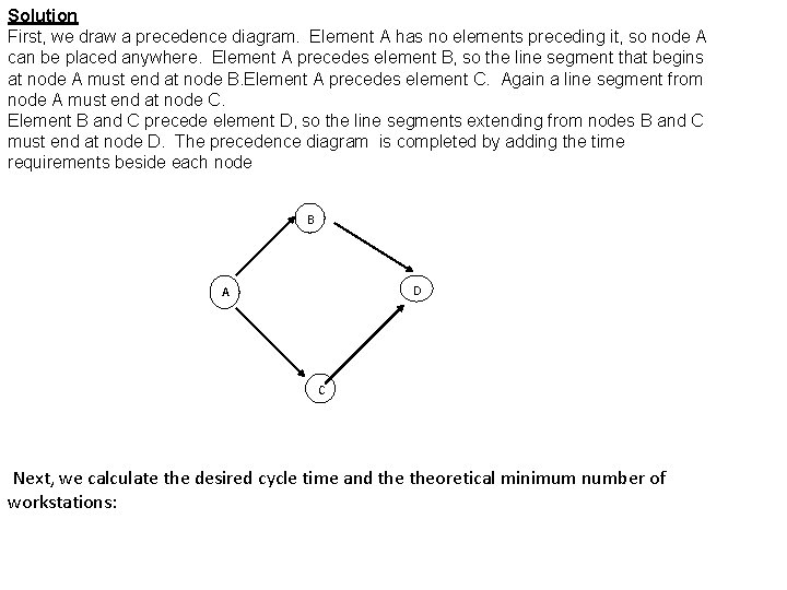 Solution First, we draw a precedence diagram. Element A has no elements preceding it,