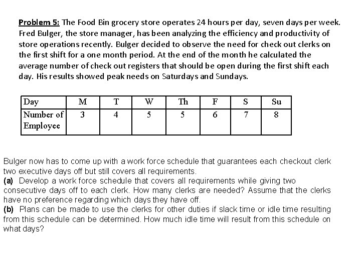 Problem 5: The Food Bin grocery store operates 24 hours per day, seven days