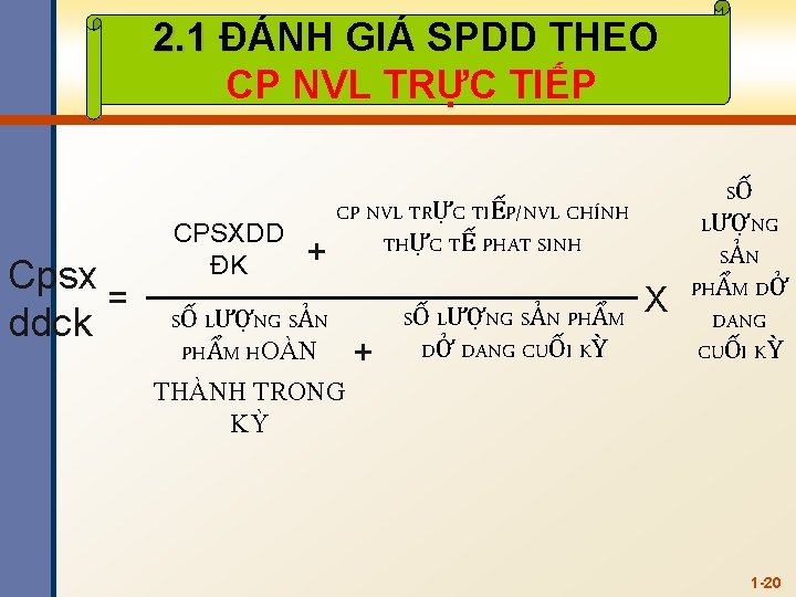 2. 1 ĐÁNH GIÁ SPDD THEO CP NVL TRỰC TIẾP Cpsx = ddck +