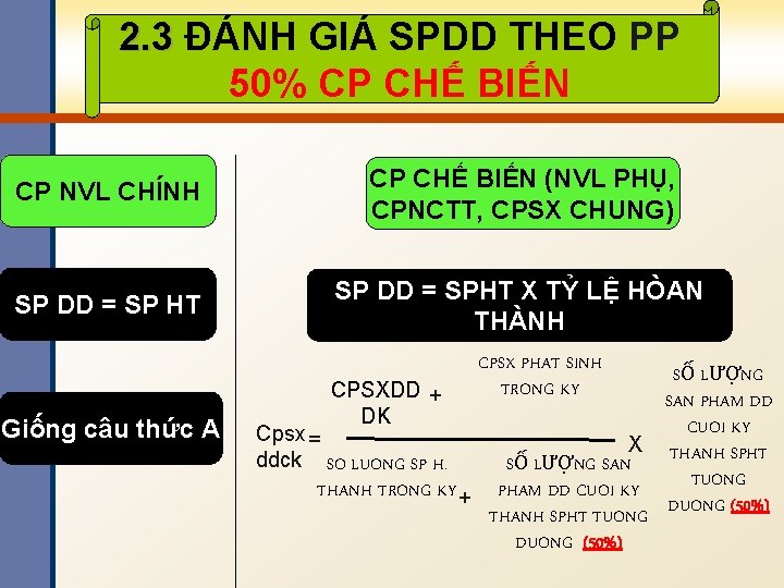 2. 3 ĐÁNH GIÁ SPDD THEO PP 50% CP CHẾ BIẾN CP NVL CHÍNH