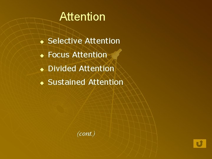Attention u Selective Attention u Focus Attention u Divided Attention u Sustained Attention (cont.