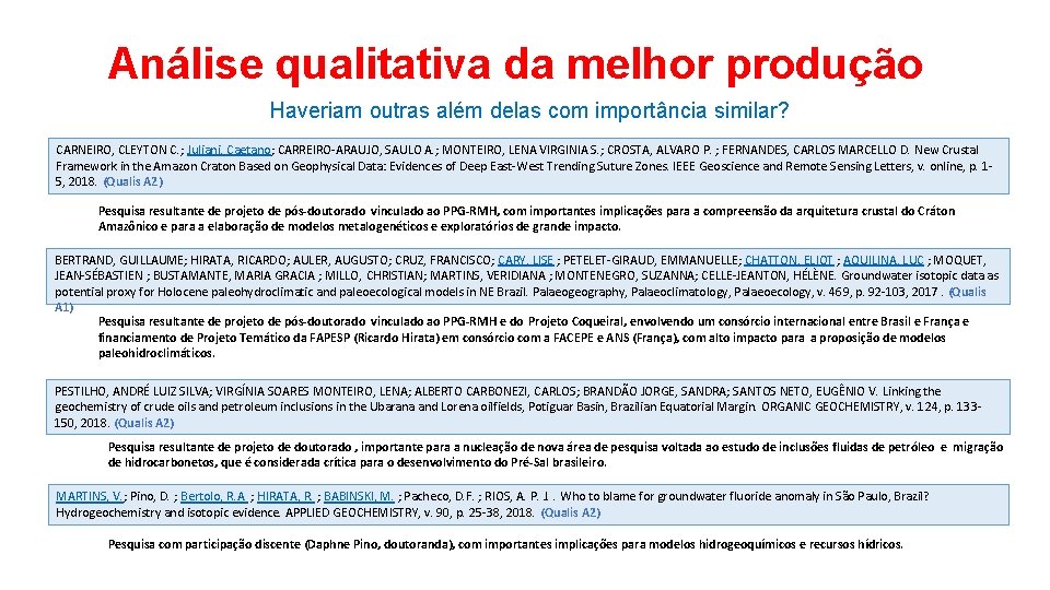 Análise qualitativa da melhor produção Haveriam outras além delas com importância similar? CARNEIRO, CLEYTON