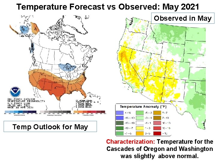 Temperature Forecast vs Observed: May 2021 Observed in May Temp Outlook for May Characterization: