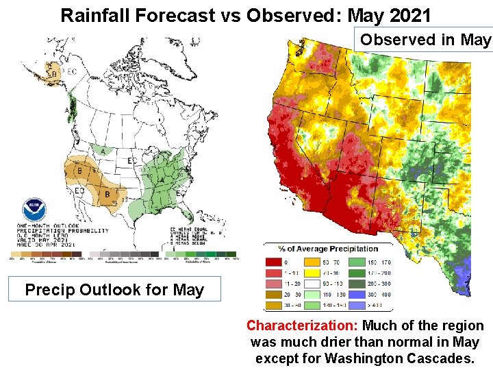 Rainfall Forecast vs Observed: May 2021 Observed in May Precip Outlook for May Characterization: