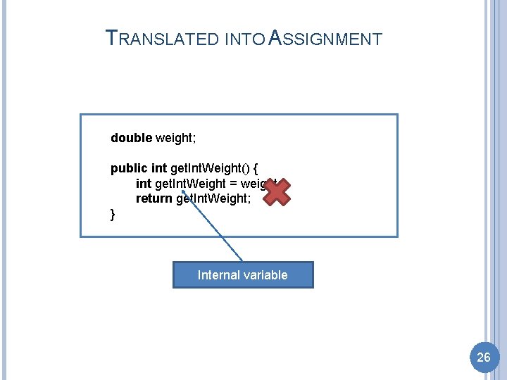 TRANSLATED INTO ASSIGNMENT double weight; public int get. Int. Weight() { int get. Int. TRANSLATED INTO ASSIGNMENT double weight; public int get. Int. Weight() { int get. Int.