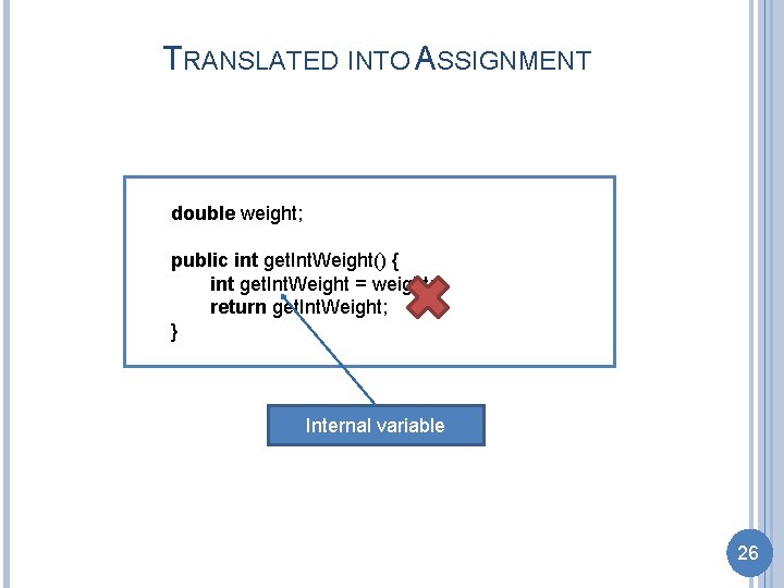 TRANSLATED INTO ASSIGNMENT double weight; public int get. Int. Weight() { int get. Int.