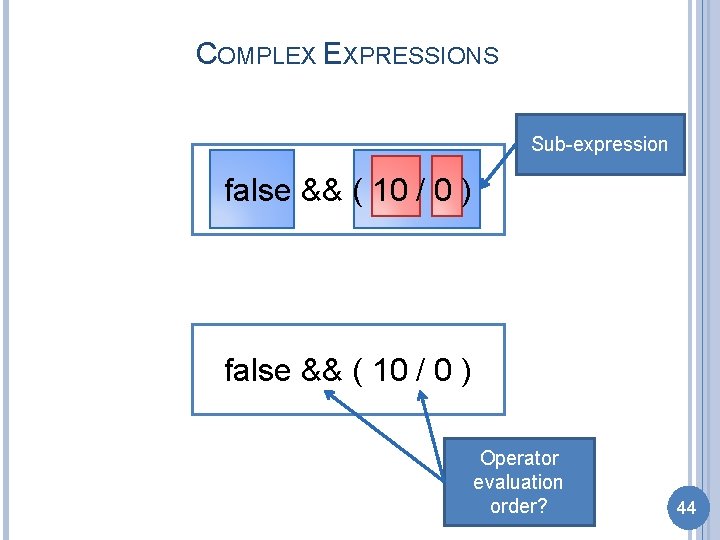 COMPLEX EXPRESSIONS Sub-expression false && ( 10 / 0 ) Operator evaluation order? 44