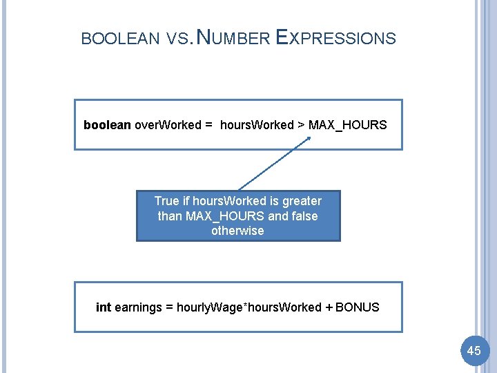 BOOLEAN VS. NUMBER EXPRESSIONS boolean over. Worked = hours. Worked > MAX_HOURS True if