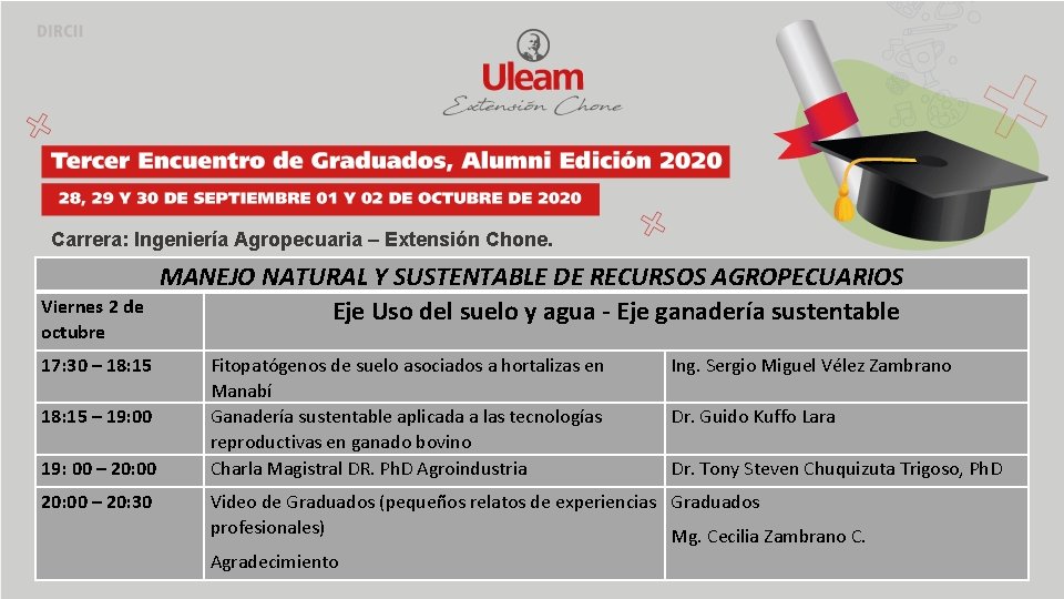 Carrera: Ingeniería Agropecuaria – Extensión Chone. Viernes 2 de octubre 17: 30 – 18: