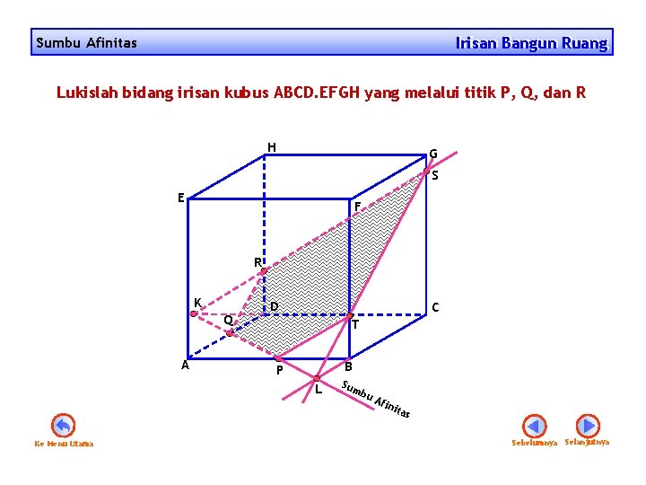 Irisan Bangun Ruang Irisan Sumbu Afinitas Lukislah bidang irisan kubus ABCD. EFGH yang melalui