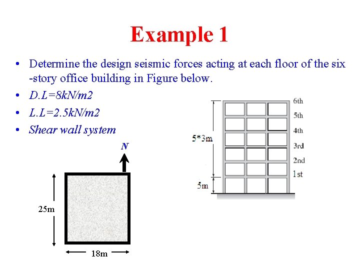 Example 1 • Determine the design seismic forces acting at each floor of the