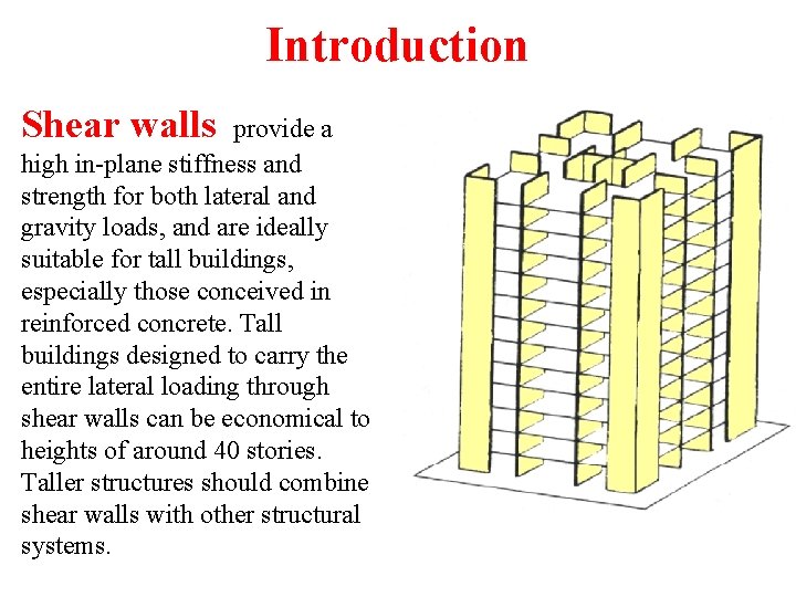 Introduction Shear walls provide a high in-plane stiffness and strength for both lateral and