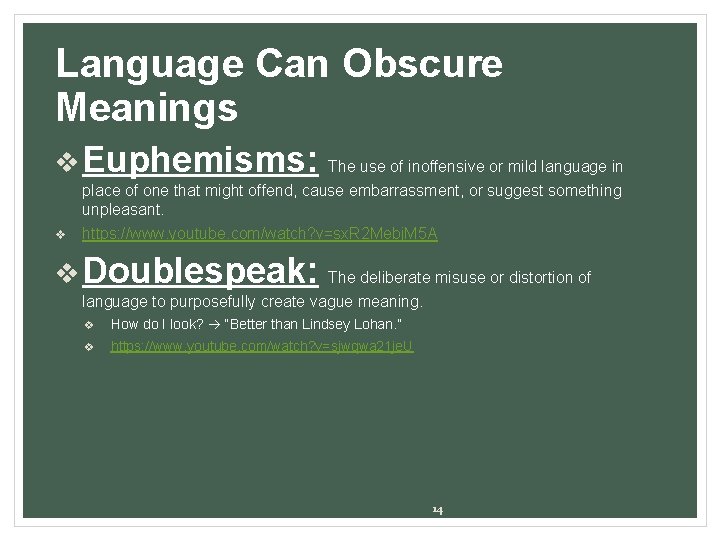 Language Can Obscure Meanings v Euphemisms: The use of inoffensive or mild language in