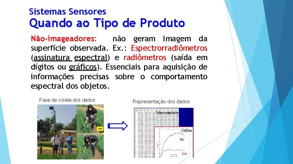 Sistemas Sensores Quando ao Tipo de Produto Não-imageadores: não geram imagem da superfície observada.