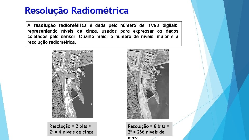 Resolução Radiométrica A resolução radiométrica é dada pelo número de níveis digitais, representando níveis