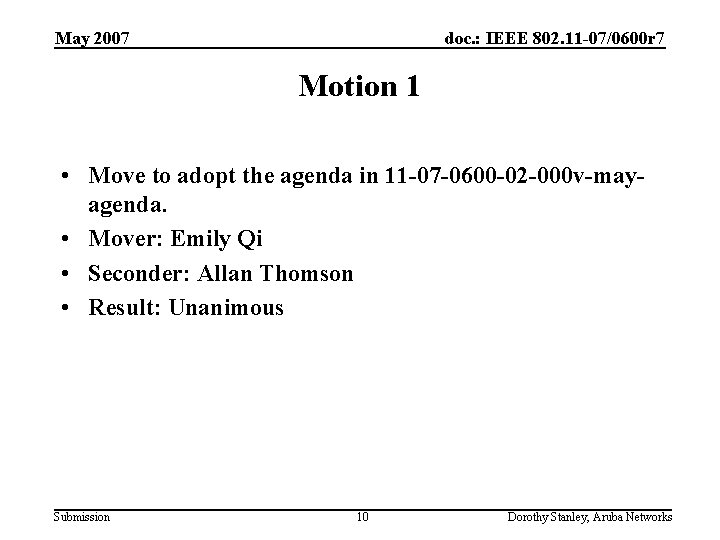 May 2007 doc. : IEEE 802. 11 -07/0600 r 7 Motion 1 • Move