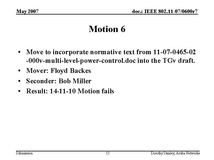 May 2007 doc. : IEEE 802. 11 -07/0600 r 7 Motion 6 • Move