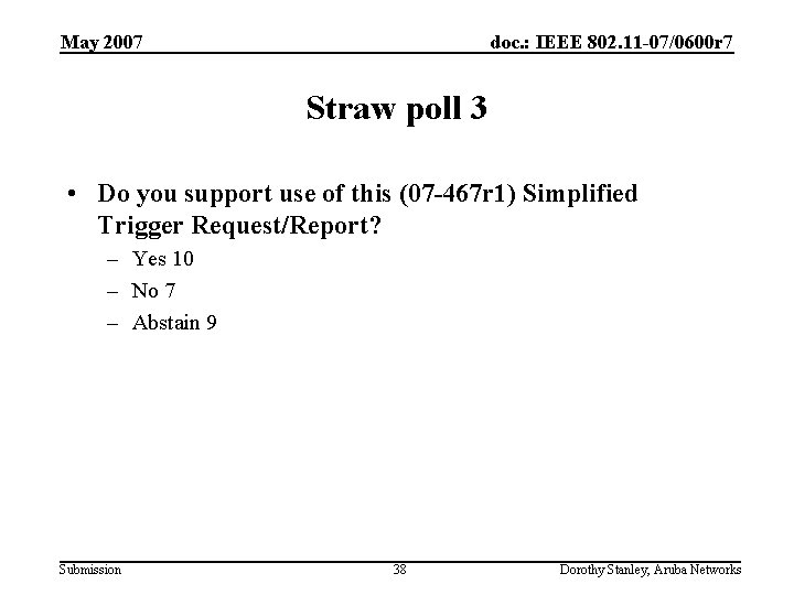 May 2007 doc. : IEEE 802. 11 -07/0600 r 7 Straw poll 3 •