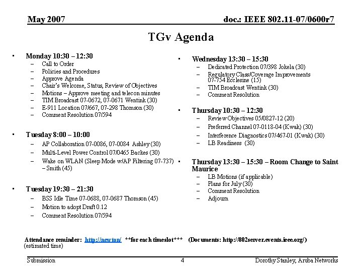 May 2007 doc. : IEEE 802. 11 -07/0600 r 7 TGv Agenda • Monday