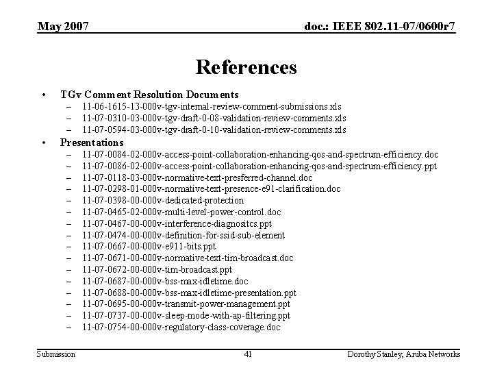 May 2007 doc. : IEEE 802. 11 -07/0600 r 7 References • TGv Comment