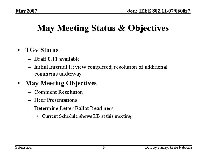 May 2007 doc. : IEEE 802. 11 -07/0600 r 7 May Meeting Status &